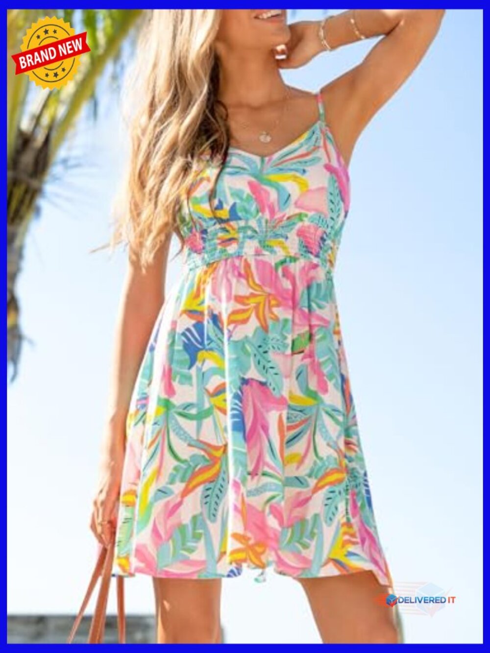 Tropical Floral Mini Sundress Smocked Bodice Adjustable Spaghetti Strap Boho - Picture 5 of 7